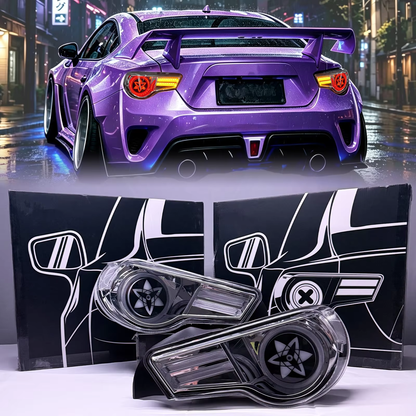 Purple sports coupe and SINDAR automotive lighting product boxes