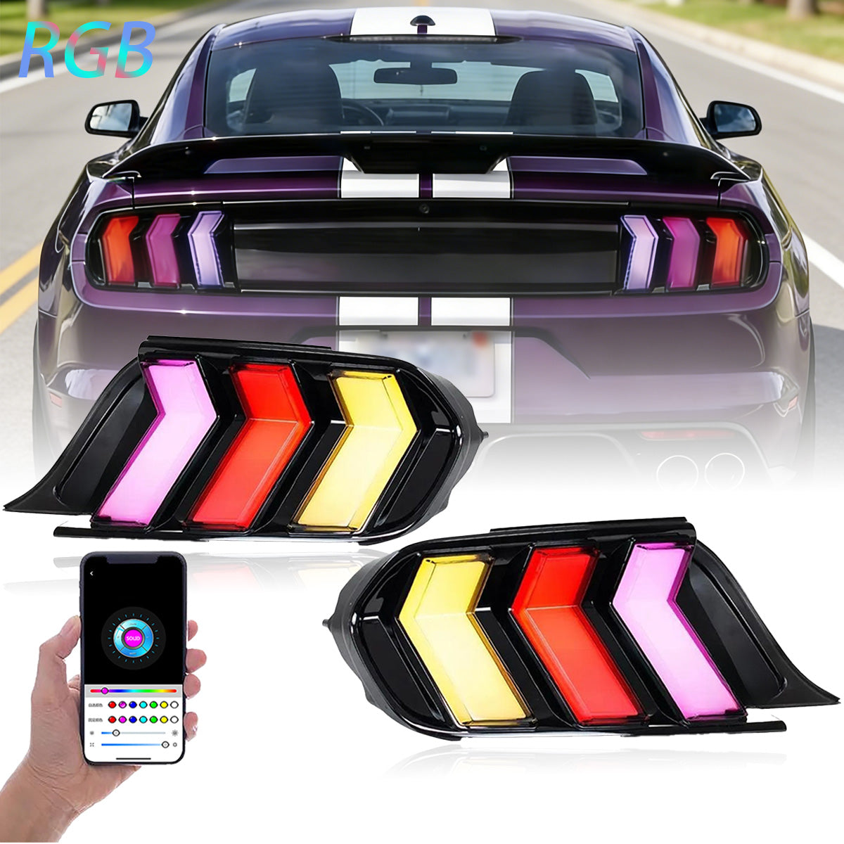 SINDAR 2PCS Smoked Clear RGB LED Tail Lights For Ford Mustang 2015-2023 Animation Rear Lamps