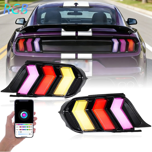 SINDAR 2PCS Smoked Clear RGB LED Tail Lights For Ford Mustang 2015-2023 Animation Rear Lamps